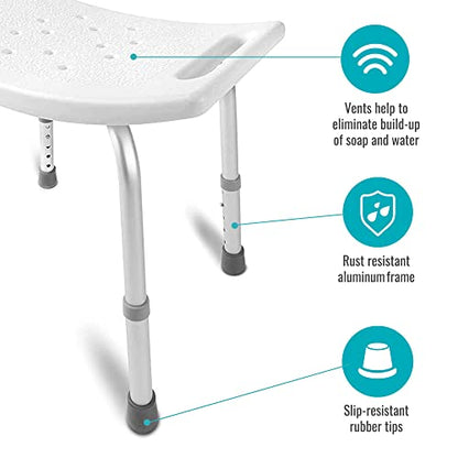 DMI Shower Chair Bath Seat for Tub or Shower Bench for Inside Shower, Made of Non Slip Aluminum with Plastic Seat, No Tools Needed, Adjustable Height, Holds Weight up to 300 Pounds, Bath Bench, White - style: Without Back