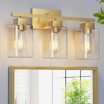 3-Light Bathroom Light Fixtures, Brushed Gold Modern Vanity Lights, Bathroom Lighting Fixtures Over Mirror, Square Design Farmhouse Wall Sconces with Clear Glass Shades - color: Brushed Gold, size: 3-Light