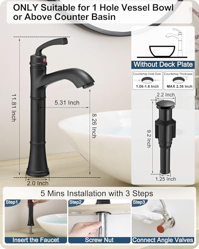 Brass Vessel Sink Faucet Black Single Handle, Tall Bathroom Faucets for Vessel Sinks 1 Hole with Pop-Up Drain, Pre-Installed Hoses, Removable Aerator - color: Matte Black