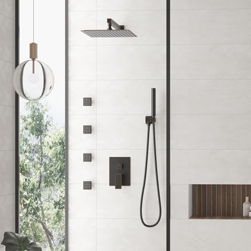 Hoimpro 12 Inch Rainfall Shower Faucet with 4 Full Body Shower Jet Fixtures Combo, Wall Mounted Shower System Set with Rain Mixer Shower Head and 2 in 1 Spray Handheld Showerhead, Oil Rubbed Bronze - color: Oil Rubbed Bronze