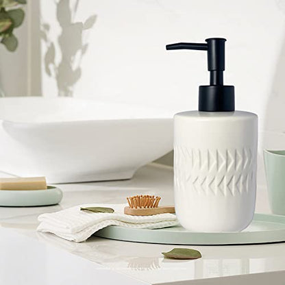 White Soap Dispenser with Matte Black Pump for Bathroom,Cylindrical Lotion Dispenser,12oz Ceramic Relief Hand Dish Soap Dispenser,Refillable Liquid Dispenser for Kitchen (Relief White) - color: Relief White
