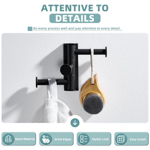 Suyar Bathroom Towel Hook Matte Black, Swivel Robe Holder 3 Arms, Wall Hook | SUS304 Stainless Steel, Screw Mount - color: Matte Black, size: 1 Pack