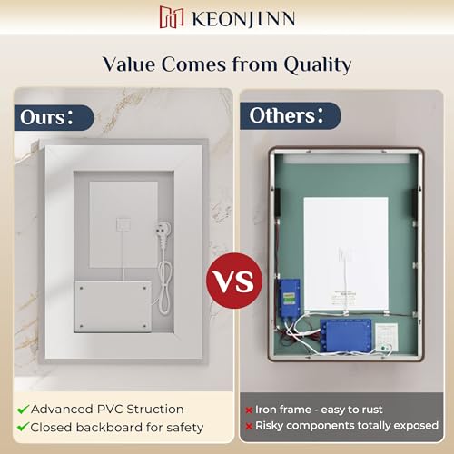 Keonjinn 28" x 36" Lighted Mirrors for Bathroom Wall, Safe Tempered Glass | Frontlit & Backlit, 3000K/4500K/6000K, Dimmable, Energy-Saving Power Driver, Anti-Fog, Smart LED Bathroom Mirror with Lights - size: 36"L x 28"W
