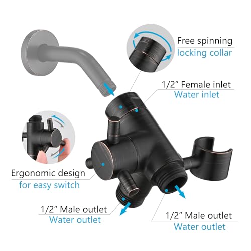 PDPBath Solid Brass 3 Way Shower Arm Diverter Valve with Handheld Holder for Dual Shower Heads with G1/2 Universal Connection - Oil Rubbed Bronze - color: Oil Rubbed Bronze-2