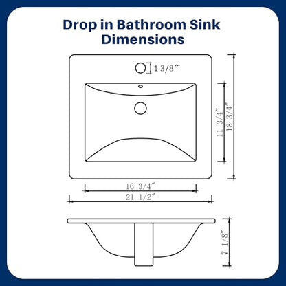 Enbol 21" x 18" Drop-In Bathroom Sink – White Ceramic Rectangular Semi Recessed Bathroom Vessel Sink Top Mount with Single Hole & Overflow (Model O2118） - style: 21.5" X 18.8"