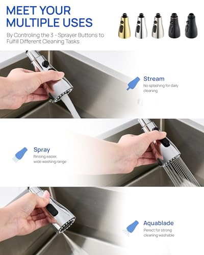 J-HVA Pull Down Kitchen Faucet Sprayer Head Replacement Part, Chrome | 3 Function kitchen Sink Faucet Replacement Nozzle, Kitchen Faucet Head Hose Spray Tap Spout, 15 Connectors - color: Chrome