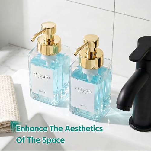 Foaming Soap Dispenser, 12oz/350ml Glass Foaming Hand Soap Dispenser Set, 2Pcs Refillable Foam Soap Dispenser with Foaming Pump, Labels, Square Foam Soap Hand Dispenser for Bathroom, Gold - color: Clear Bottle +Gold Pump