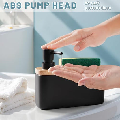 RQYIXI 2-in-1 Ceramic Soap Dispenser with Sponge Holder, Black, 17 Oz | natural acacia wood accent rectangular modern kitchen sink organizer caddy pump countertop farmhouse - color: White Wax Wood Square
