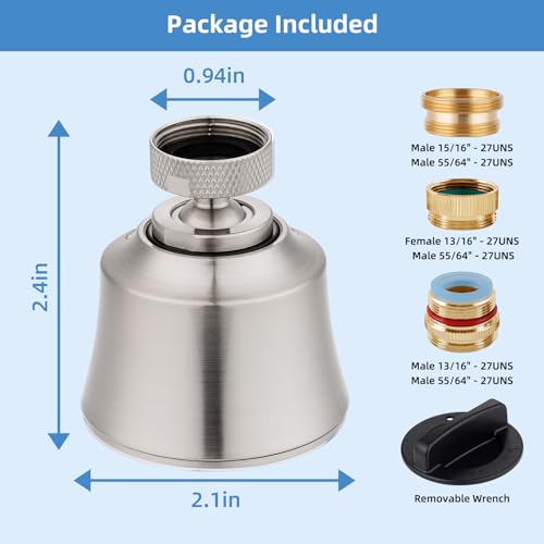 4 Modes Kitchen Sink Faucet Head, Big Angle Swivel Aerator, Brushed Nickel | Faucet Sprayer Attachment with 55/64-27UNS Famale Thread, Male Thread Adapter Included - color: Brushed Nickel, style: with 1 joint ball