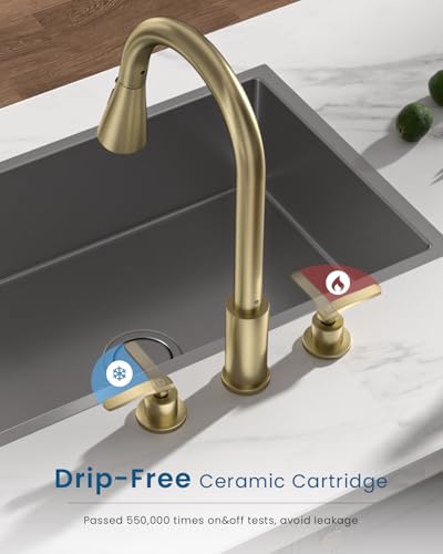 DAYONE 2 Handle Kitchen Faucet with Pull Down Sprayer, 4 Hole Sink Faucets with Separate Handle for Kitchen RV Laundry Bar, 3 Modes, SUS304 Stainless Steel, Brushed Gold - color: Brushed Gold, style: 2-handle
