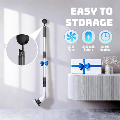Electric Spin Scrubber, 2-Speed Cleaning Brush, Extendable Handle (White) | Includes 7 reusable brush heads and an IPX7-rated design for cleaning bathrooms, showers, kitchens, tile, floors, and grout - color: White