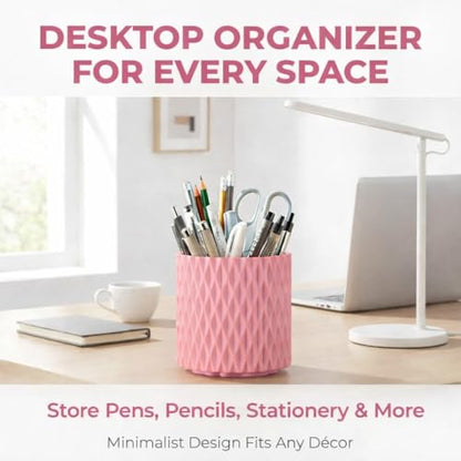Pink Makeup Brush Holder, 360° Rotating Makeup Organizer | Cute 5-slot spinning vanity caddy for makeup brushes, lipstick & hair accessories — bathroom, dorm & office desk - style: Pink