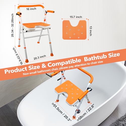 Foldable Shower Chair, Folding Bath Shower Seat for Inside Shower | Minimalist Shower Chair with Arms and Back, Height Adjustable, Portable Safety Bath Chairs for Elderly, Seniors, Disabled