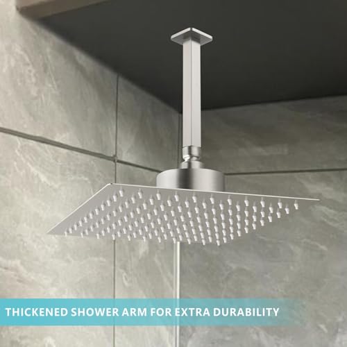 Ceiling Mounted Shower Arm with Flange, Universal Connection 1/2 NPT Straight, Made of Thicken Stainless Steel, Square Extension Arm for Fixed Rain Shower Head(12 Inch,Brushed Nickel) - color: Brushed Nickel, style: 12 Inch