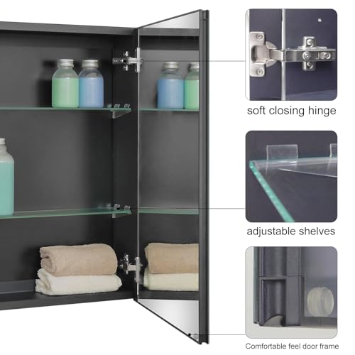 20 x 26 Black Recessed Medicine Cabinet with Mirror & Bathroom Wall Storage | Black Aluminum Bathroom Mirror Cabinet with Adjustable Shelves, Surface Mount Option for Organized Bathroom Vanity Toiletries - size: 20 x 26