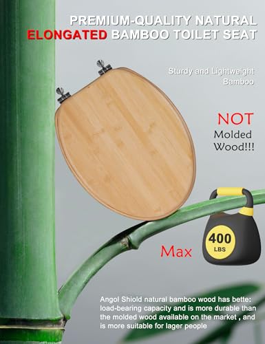 Angol Shiold ELONGATED Bamboo Wood Toilet Seat 18.5Inch | Easy to Install also Easy to Clean, Up to 400 lbs (Elongated 18.5", Natural Bamboo) - color: Non Soft-close, size: Elongated -18.5"