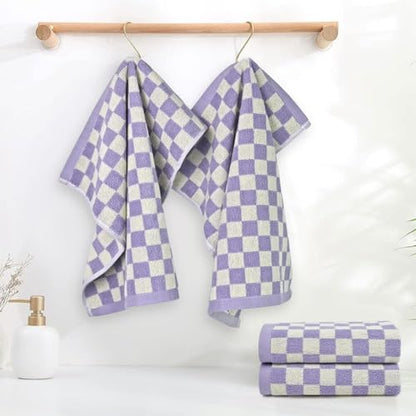 Wash Cloths Checkered 4 Pack (Lilac) - Cotton Washcloths for Face Body | 13 x 13 Inches Daily Cleansing Kitchen Towels - color: Lilac
