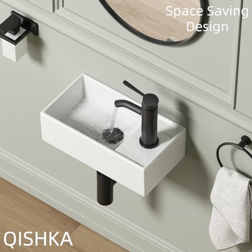 Small Wall Mount Bathroom Vessel Sink, 15.6" X 8.6" Rectangular Floating Ceramic Wash Hand Basin - White Wall Hung Vanity Sink with Overflow for Small Bathroom (Right Hand) - size: 15.6" x 8.6" x 5.1"