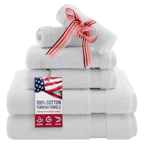 American Veteran Towel, 6 Piece Towel Set for Bathroom, 100% Cotton Turkish Bathroom Towels, 2 Bath Towels 2 Hand Towels 2 Washcloths, White - color: White, size: X Large 6 PC