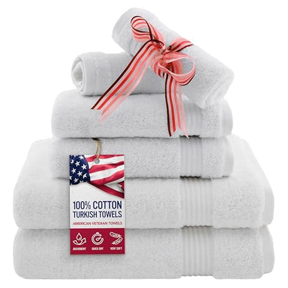 American Veteran Towel, 6 Piece Towel Set for Bathroom, 100% Cotton Turkish Bathroom Towels, 2 Bath Towels 2 Hand Towels 2 Washcloths, White - color: White, size: X Large 6 PC