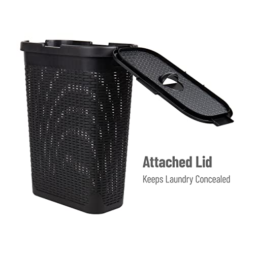 Mind Reader Slim Laundry Hamper with Lid, 40L Clothes Basket, Narrow Tapered Design with Ventilated Cutout Pattern, Plastic, Black - color: Black, size: Single