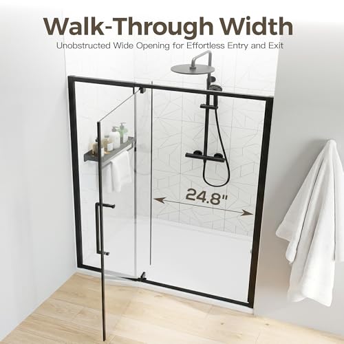 56-60" W x 72" H Semi-Frameless Pivot Swing Shower Doors | 1/4" (6mm) Clear SGCC Tempered Glass with a 24.8" walk-in opening, Matte Black Finish, Reversible, Magnetic Closing - color: Matte Black, size: 56"- 60"