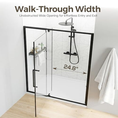 56-60" W x 72" H Semi-Frameless Pivot Swing Shower Doors | 1/4" (6mm) Clear SGCC Tempered Glass with a 24.8" walk-in opening, Matte Black Finish, Reversible, Magnetic Closing - color: Matte Black, size: 56"- 60"