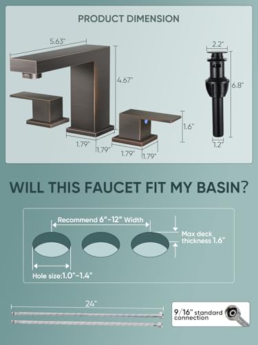 Cobbe Bathroom Faucet 3 Hole, Bronze Bathroom Sink Faucet Widespread | 8 Inch Square with Pop-Up Drain, 2 Handle and 2 Supply Hoses, Lead-Free Stainless Steel, For Vanity, RV, Farmhouse - color: Oil Rubbed Bronze-2, size: 8 Inch Widespread