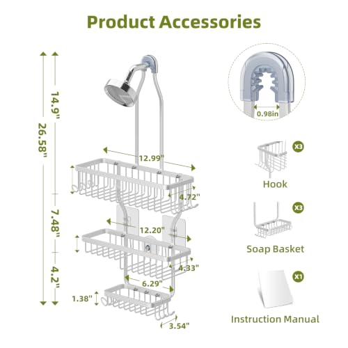 Simple Trending Shower Caddy Hanging, Shower Organizer with Large Capacity | Rustproof Shower Shelves with Hooks for Inside Shower, No Drilling Over Showerhead, Suction & Adhesive Install, Silver