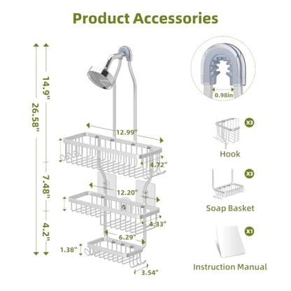 Simple Trending Shower Caddy Hanging, Shower Organizer with Large Capacity | Rustproof Shower Shelves with Hooks for Inside Shower, No Drilling Over Showerhead, Suction & Adhesive Install, Silver