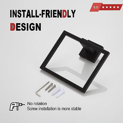 Bathroom Black Towel Ring SUS 304 Stainless Steel Square Towel Bar，Towel Rack Matte Black Towel Holder Modern Towel Hanger for Bathroom Lavatory Kitchen Wall Mount