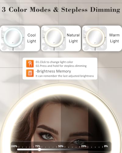 9'' 30X/1X Wall Mounted Lighted Makeup Mirror, Height Adjustable Double Sided 5000mAh Rechargeable Magnifying Bathroom Mirror with Light, 3 Color Modes Touch Dimmable Extended Arm 360 Rotation