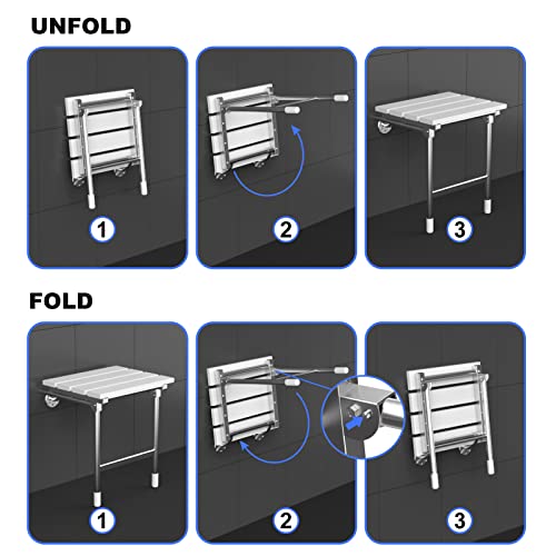 Folding Shower Seat, Wall Mounted Bathroom Safety Stool Chair with Support Legs, Foldable Wall Wood Shower Bench for Seniors (White)