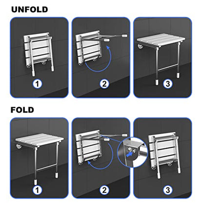 Folding Shower Seat, Wall Mounted Bathroom Safety Stool Chair with Support Legs, Foldable Wall Wood Shower Bench for Seniors (White)