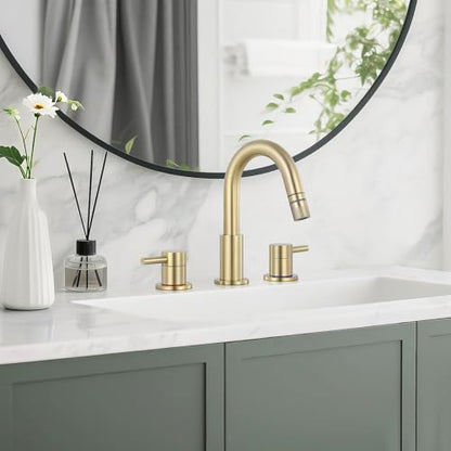 8 Inch Bathroom Faucet 3 Hole Gold Pull Down Bathroom Sink Faucet | Stainless Steel,Two Water Flow Modes,Brushed Nickle,3 hole Widespread,Pop-up Drain,Water Supply Hoses,Pull Down Sprayer, - color: A-Brushed Gold