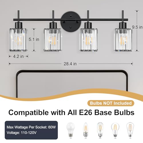 Black Bathroom Light Fixtures, Square, 4-Light | Vanity Lights with Crystal Shades, Modern Bathroom Lighting Fixtures over Mirror (Bulbs Not Included, E26) - color: Black (Square), size: 4-Light