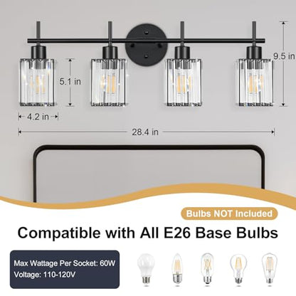 Black Bathroom Light Fixtures, Square, 4-Light | Vanity Lights with Crystal Shades, Modern Bathroom Lighting Fixtures over Mirror (Bulbs Not Included, E26) - color: Black (Square), size: 4-Light