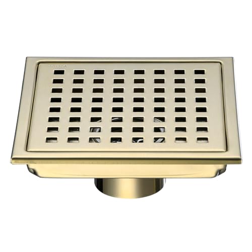 RANDOM Brushed Gold Shower Drain Square 6 Inch Shower Floor Drain with Grid Grate & Removable Hair Strainer 304 Stainless Steel Shower Drain Cover Bathroom Accessories.98738BG - color: C-brushed Gold-6″ Square