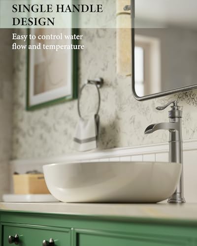 Vessel Sink Faucet Tall Bathroom Faucets Waterfall Brushed Nickel Brass | Single Handle 1 Hole with Pop Up Drain and Supply Line Farmhouse Lavatory Vanity by Homevacious - color: Brushed Nickel