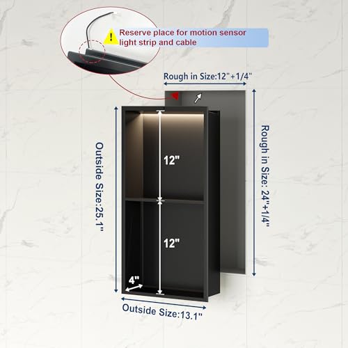 2-Tiers Smart Body Sensor Shower Niche, Black 24"x12" | Recessed Wall Niche with White 3000K LED Light , Waterproof &Rustproof, 304 Stainless Steel Bathroom Cabinet - size: 12x24In