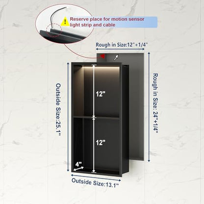 2-Tiers Smart Body Sensor Shower Niche, Black 24"x12" | Recessed Wall Niche with White 3000K LED Light , Waterproof &Rustproof, 304 Stainless Steel Bathroom Cabinet - size: 12x24In
