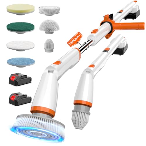 Electric Spin Scrubber,1500RPM Powerful Cleaning Brush for Home | Powerful 1500 RPM cleaning; 4000 mAh rechargeable battery; seven replaceable brushes for bathtub, tile, floor & shower - color: White Orange