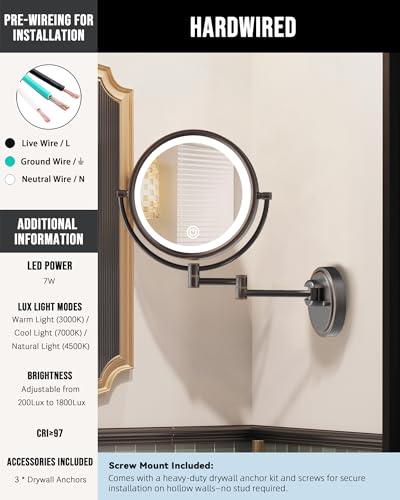 10" Brass Large Wall Mounted Makeup Mirror with Extension Arm Lighting | 3 Color LED Touch Dimming, 1/5X Double-Sided Magnifying Vanity for Bathroom, Hard Wired Oil Rubbed Bronze - color: Oil Rubbed Bronze