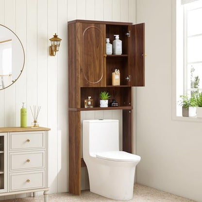 ORRD Fluted Over The Toilet Storage Cabinet, Bathroom Toilet Storage Cabinet with Door, Wood Curved Over The Toilet Space Saver Cabinets for Restroom Bathroom, Walnut