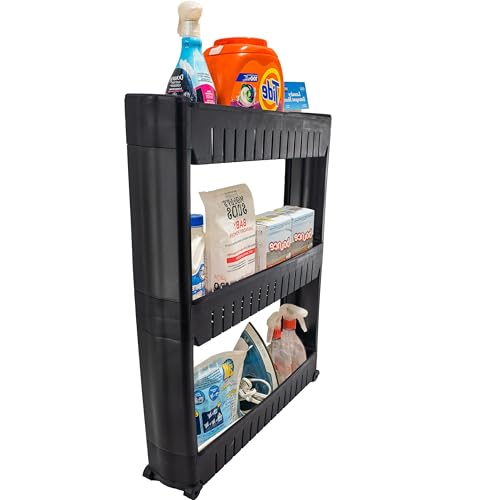 Slim Rolling Storage Cart - Narrow Slide Out Shelving Utility Cart - Mobile Storage for Laundry, Bathroom, Kitchen & Between Washer and Dryer (Black, 3 Tier) - color: Black