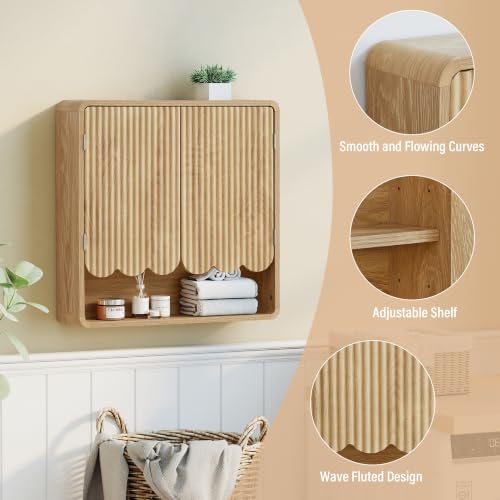 Fluted Bathroom Wall Cabinet, Boho Wooden Bathroom Organizers, Scalloped Over The Toilet Storage Cabinet with Adjustable Shelf, Medicine Cabinet Wall Mounted for Bathroom, Laundry Room,Natural - color: Natural
