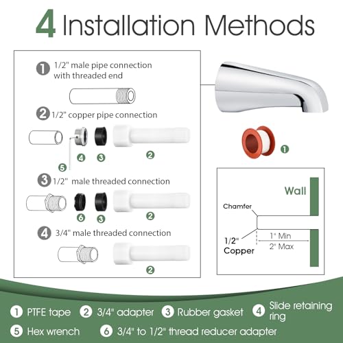 Bathtub Faucet and Shower Knobs Replacement,Easy to Install Tub Spout Set for 1/2" Copper Pipe,1/2" IPS and 3/4" IPS with Install Tool - color: Chrome