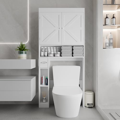 Gecheer Over-The-Toilet Storage Cabinet, 2 Door Bathroom Shelf with Open Display, Farmhouse Style MDF and Particle Board Organizer for Small Bathrooms, Laundry Rooms