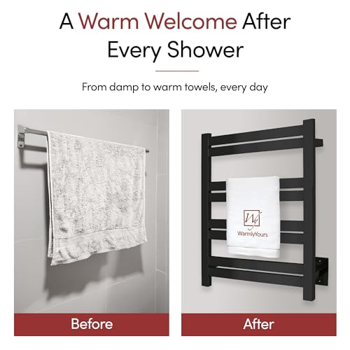WarmlyYours Maple Heated Towel Rack, 8 Bars, Matte Black, Hardwired | Wall-mounted electric towel warmer with 8 heated bars and integrated on/off switch, hardwired bathroom heater - color: Matte Black (8 Bars)