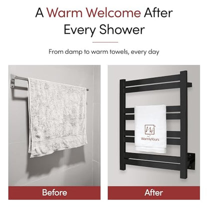 WarmlyYours Maple Heated Towel Rack, 8 Bars, Matte Black, Hardwired | Wall-mounted electric towel warmer with 8 heated bars and integrated on/off switch, hardwired bathroom heater - color: Matte Black (8 Bars)